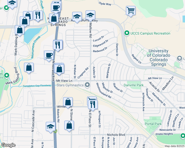 map of restaurants, bars, coffee shops, grocery stores, and more near 3916 Azalea Street in Colorado Springs