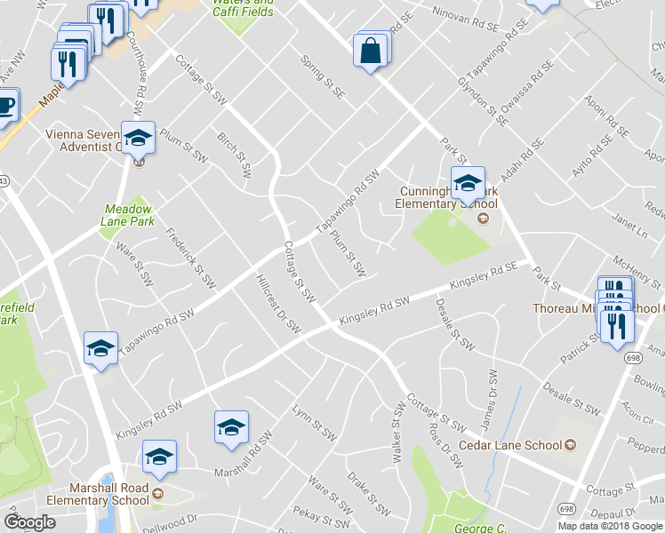 map of restaurants, bars, coffee shops, grocery stores, and more near 911 Timber Ln SW in Vienna