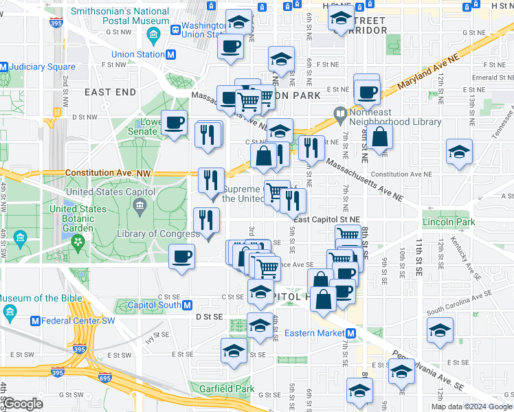 map of restaurants, bars, coffee shops, grocery stores, and more near 15 3rd Street Northeast in Washington