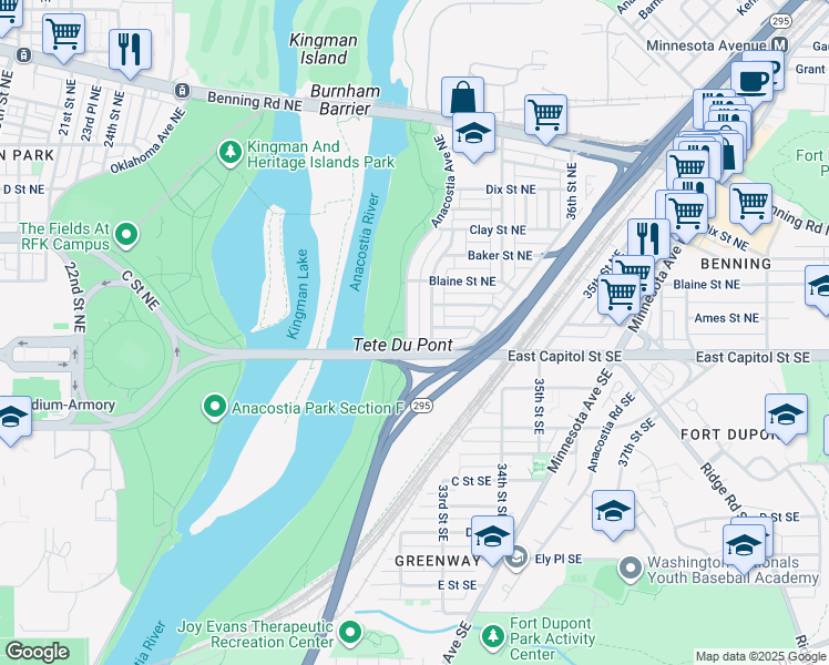 map of restaurants, bars, coffee shops, grocery stores, and more near 15 Anacostia Avenue Northeast in Washington