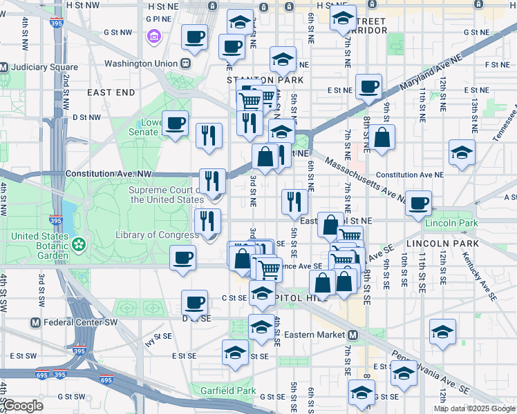map of restaurants, bars, coffee shops, grocery stores, and more near 15 3rd Street Northeast in Washington