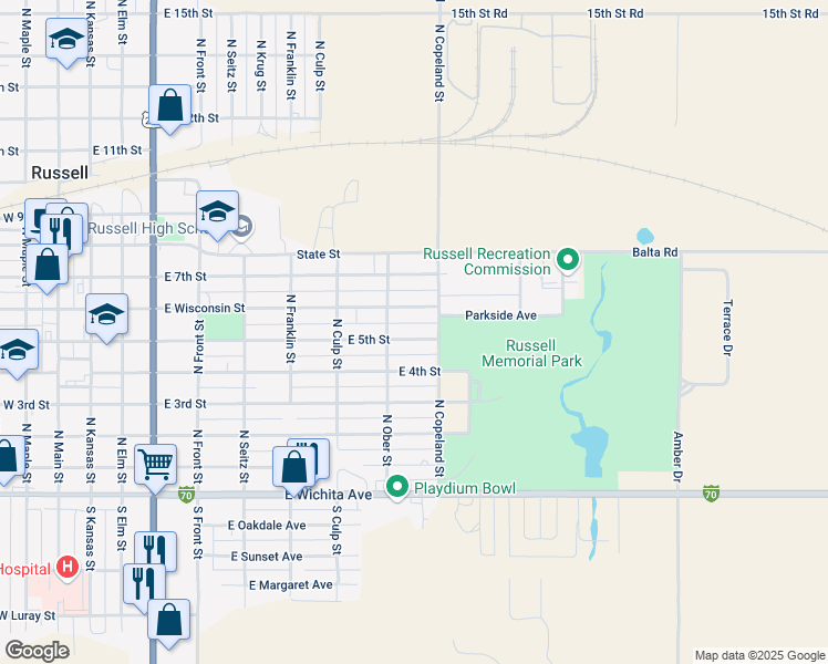 map of restaurants, bars, coffee shops, grocery stores, and more near in Russell