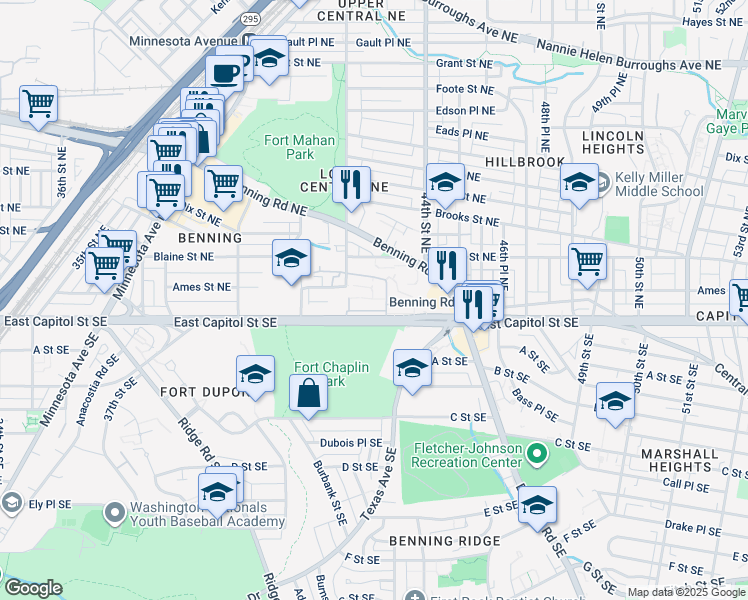 map of restaurants, bars, coffee shops, grocery stores, and more near 4212 East Capitol Street Northeast in Washington