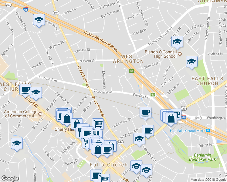 map of restaurants, bars, coffee shops, grocery stores, and more near 412 Lincoln Ave in Falls Church