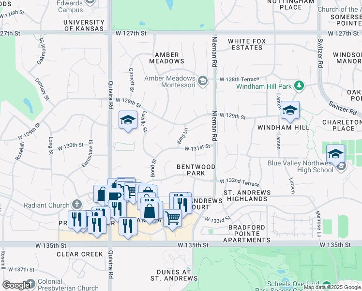 map of restaurants, bars, coffee shops, grocery stores, and more near 13011 King Lane in Overland Park