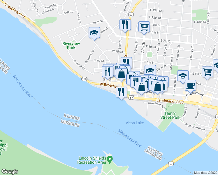 map of restaurants, bars, coffee shops, grocery stores, and more near 145 West Broadway in Alton