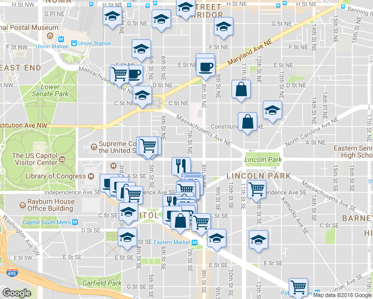 map of restaurants, bars, coffee shops, grocery stores, and more near 18 7th Street Northeast in Washington