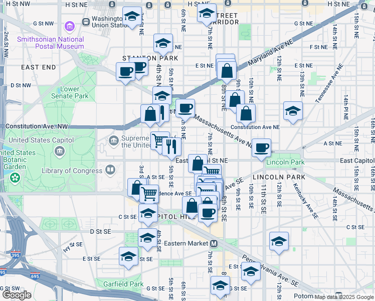 map of restaurants, bars, coffee shops, grocery stores, and more near 17 6th Street Northeast in Washington