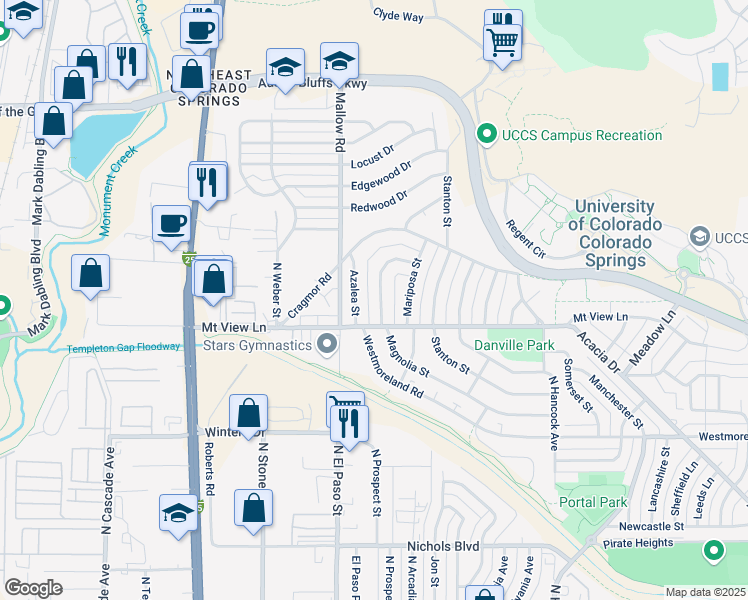 map of restaurants, bars, coffee shops, grocery stores, and more near 3916 Magnolia Street in Colorado Springs