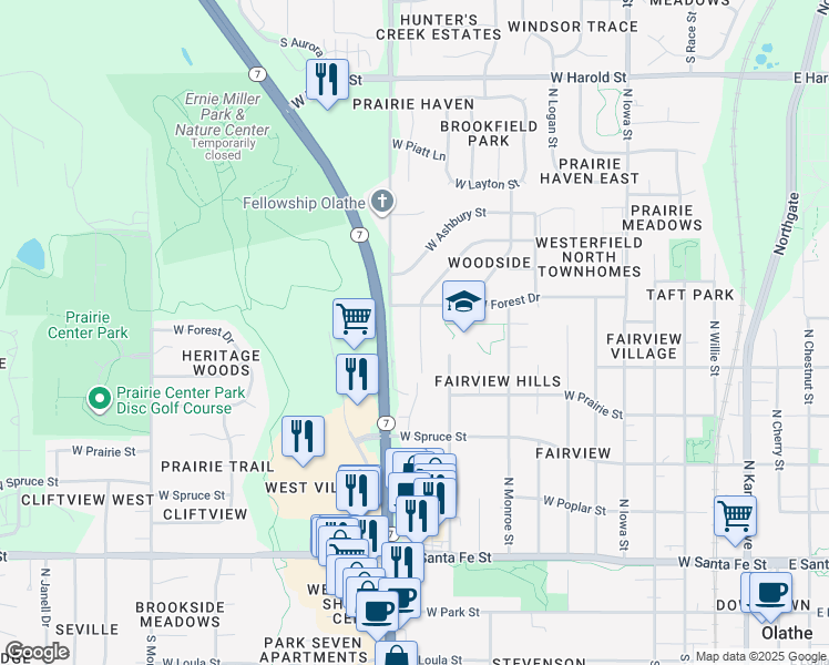 map of restaurants, bars, coffee shops, grocery stores, and more near 613 North Parker Terrace in Olathe