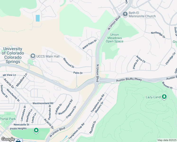 map of restaurants, bars, coffee shops, grocery stores, and more near 1966 Palm Drive in Colorado Springs