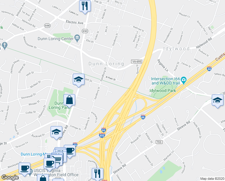 map of restaurants, bars, coffee shops, grocery stores, and more near 8004 Woodcroft Court in Dunn Loring