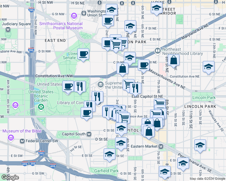map of restaurants, bars, coffee shops, grocery stores, and more near 1 Terrace Court Northeast in Washington