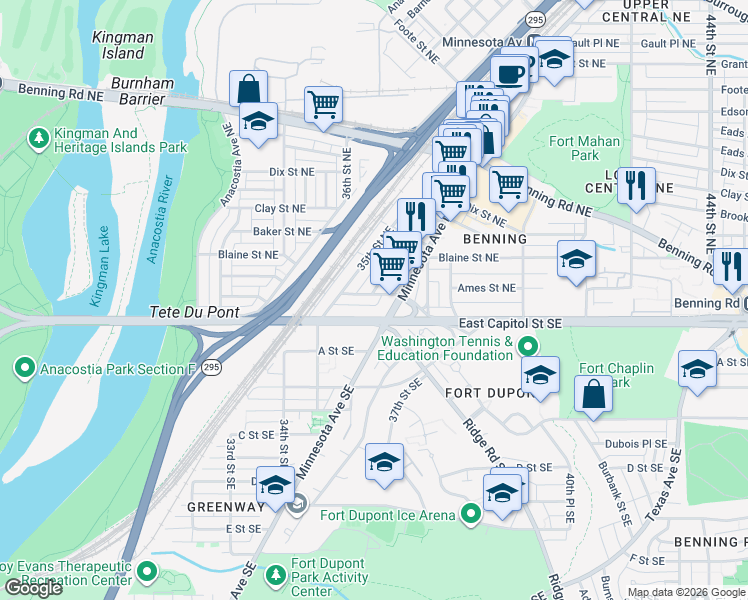 map of restaurants, bars, coffee shops, grocery stores, and more near 3533 Ames Street Northeast in Washington