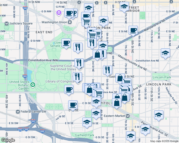 map of restaurants, bars, coffee shops, grocery stores, and more near 1 Terrace Court Northeast in Washington
