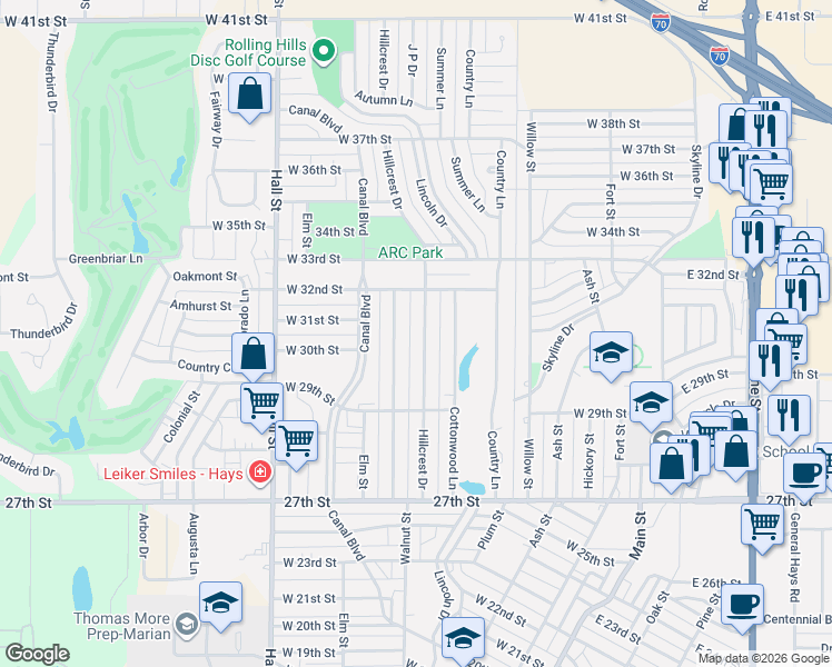 map of restaurants, bars, coffee shops, grocery stores, and more near 2916 Walnut Street in Hays