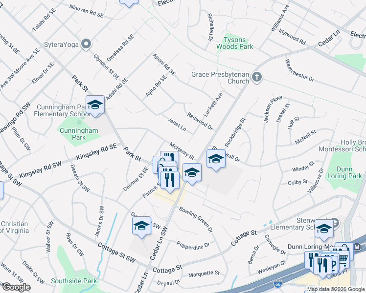 map of restaurants, bars, coffee shops, grocery stores, and more near 8616 McHenry Street in Vienna