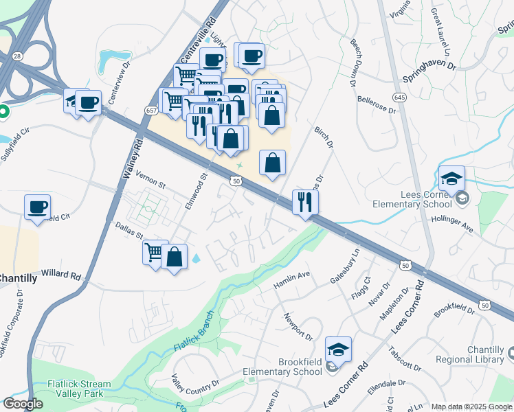 map of restaurants, bars, coffee shops, grocery stores, and more near 4045 Kimberley Glen Court in Chantilly