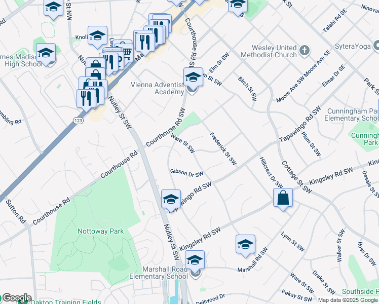 map of restaurants, bars, coffee shops, grocery stores, and more near 609 Ware Street Southwest in Vienna