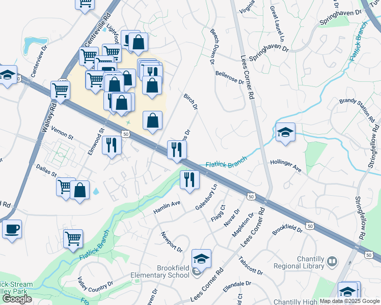 map of restaurants, bars, coffee shops, grocery stores, and more near 3925 Downs Drive in Chantilly