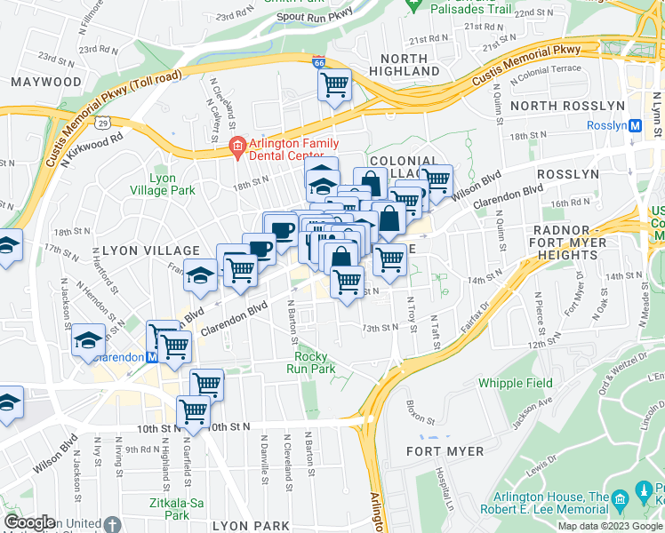 map of restaurants, bars, coffee shops, grocery stores, and more near 1500-1598 North Wayne Street in Arlington