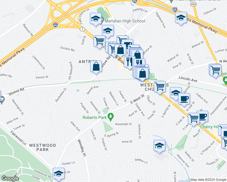 map of restaurants, bars, coffee shops, grocery stores, and more near 1305 Ellison Street in Falls Church