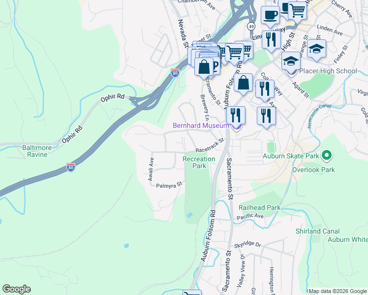 map of restaurants, bars, coffee shops, grocery stores, and more near 110 Dorer Drive in Auburn