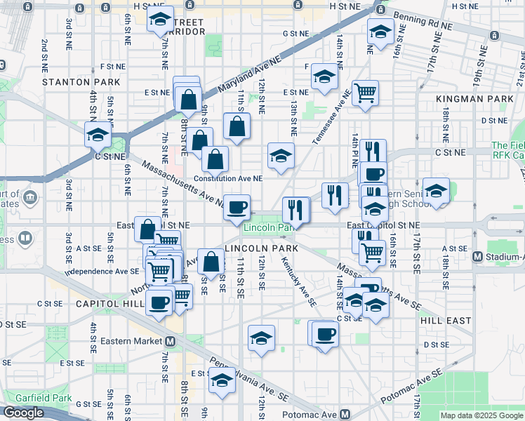 map of restaurants, bars, coffee shops, grocery stores, and more near 101 Independence Avenue Southeast in Washington
