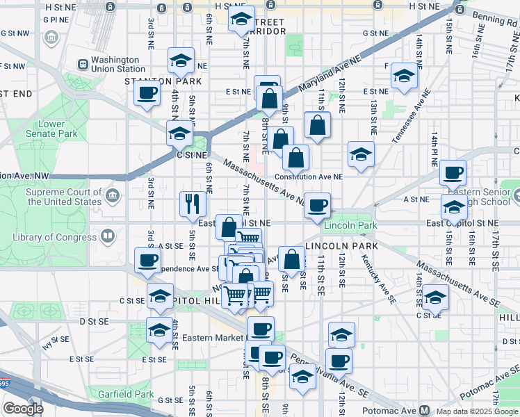 map of restaurants, bars, coffee shops, grocery stores, and more near 101 Independence Avenue Southeast in Washington