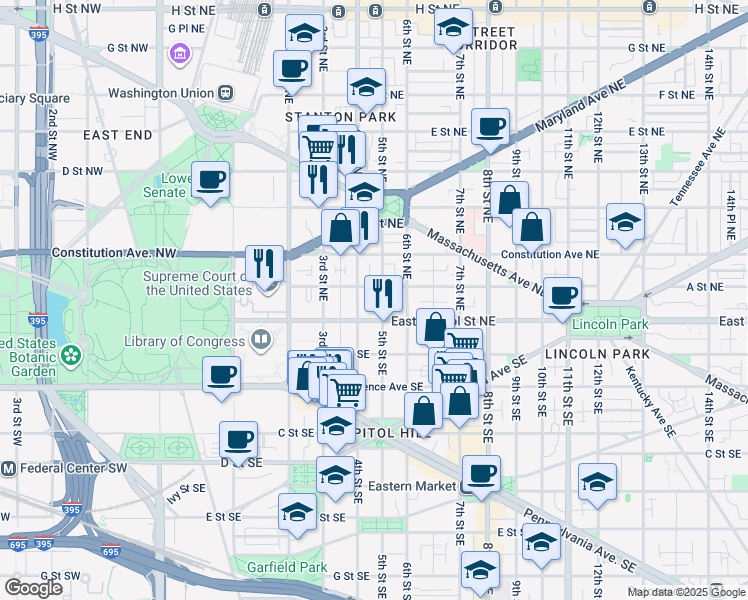 map of restaurants, bars, coffee shops, grocery stores, and more near 18 5th Street Northeast in Washington
