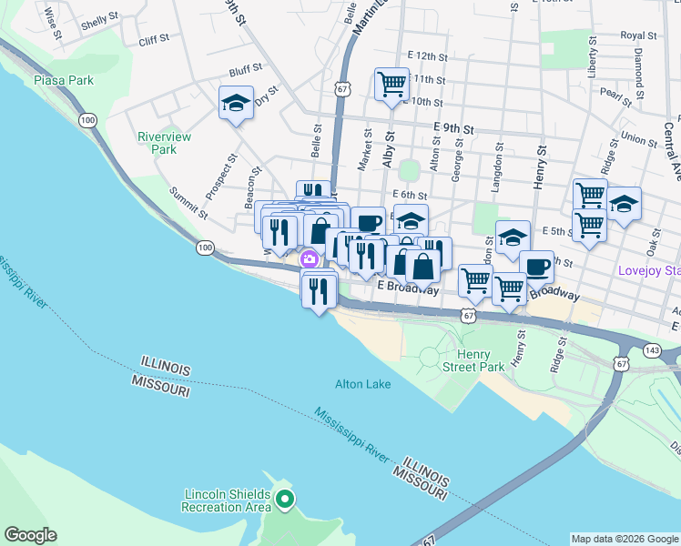 map of restaurants, bars, coffee shops, grocery stores, and more near 20 East Broadway in Alton