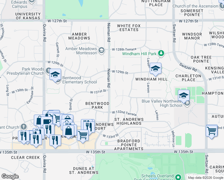 map of restaurants, bars, coffee shops, grocery stores, and more near 13004 Reeder Street in Overland Park