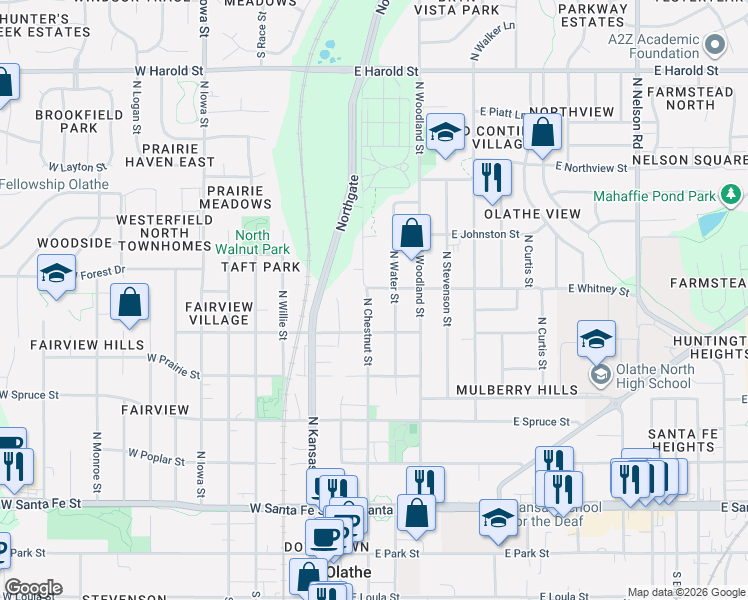 map of restaurants, bars, coffee shops, grocery stores, and more near 622 North Chestnut Street in Olathe