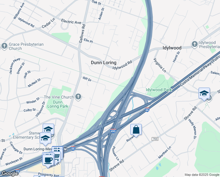 map of restaurants, bars, coffee shops, grocery stores, and more near 8004 Woodcroft Court in Dunn Loring