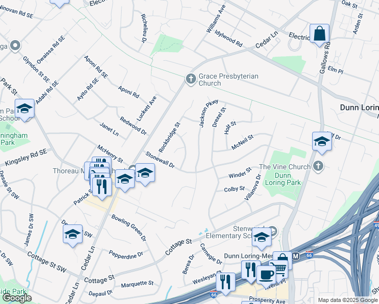 map of restaurants, bars, coffee shops, grocery stores, and more near 2439 Shenandoah Street in Vienna