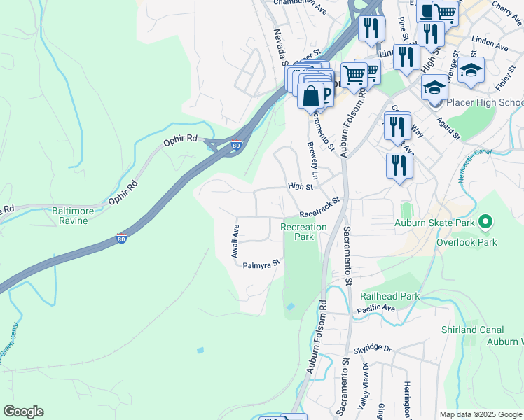 map of restaurants, bars, coffee shops, grocery stores, and more near 120 Clark Street in Auburn