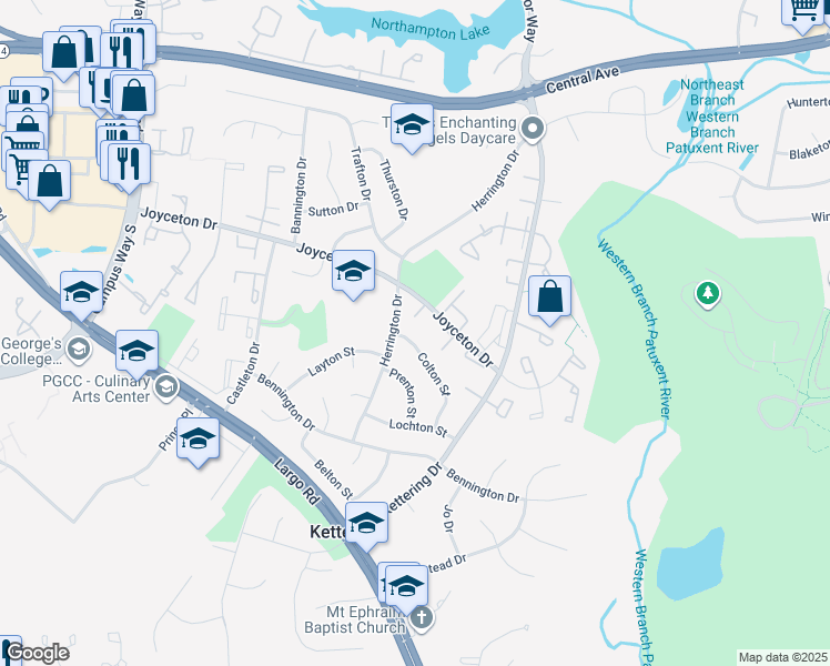 map of restaurants, bars, coffee shops, grocery stores, and more near 104 Colton Street in Upper Marlboro