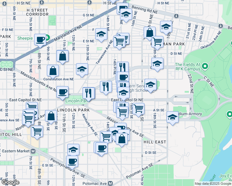 map of restaurants, bars, coffee shops, grocery stores, and more near 1475 A Street Northeast in Washington