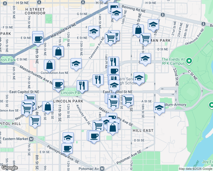 map of restaurants, bars, coffee shops, grocery stores, and more near 101 Independence Avenue Southeast in Washington
