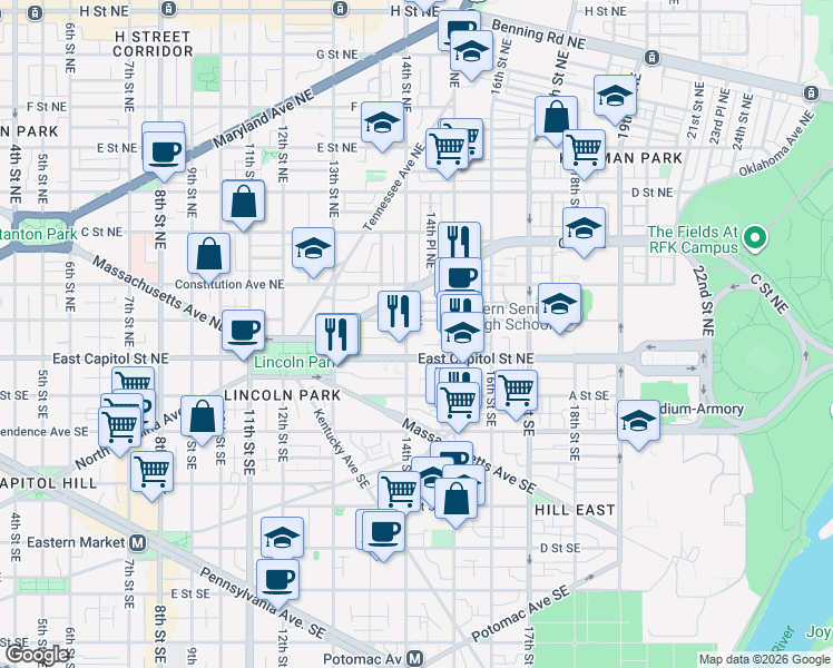 map of restaurants, bars, coffee shops, grocery stores, and more near 101 Independence Avenue Southeast in Washington
