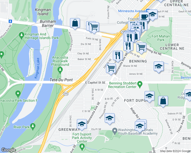 map of restaurants, bars, coffee shops, grocery stores, and more near 26 35th Street Northeast in Washington
