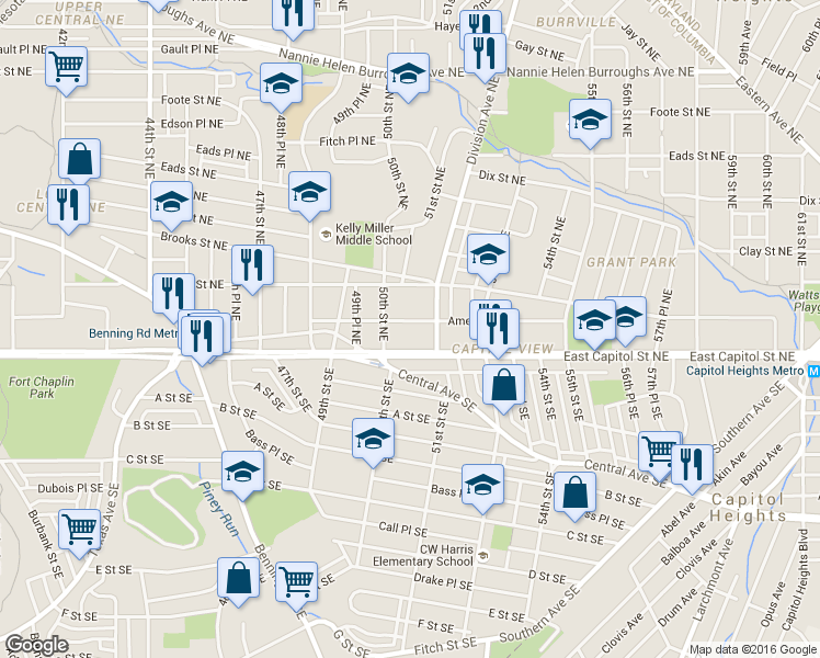 map of restaurants, bars, coffee shops, grocery stores, and more near 5019 Ames St NE in Washington