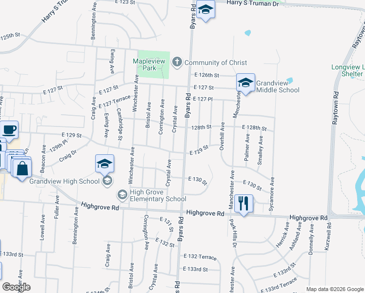 map of restaurants, bars, coffee shops, grocery stores, and more near 12820 Byars Road in Grandview
