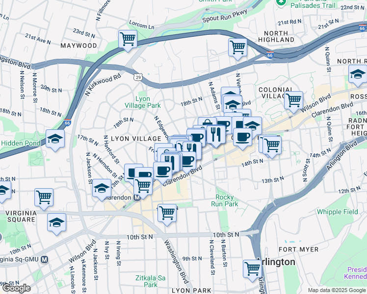 map of restaurants, bars, coffee shops, grocery stores, and more near 1538 North Danville Street in Arlington