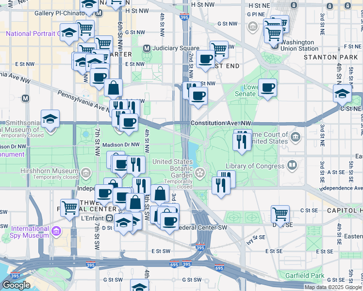 map of restaurants, bars, coffee shops, grocery stores, and more near in Washington