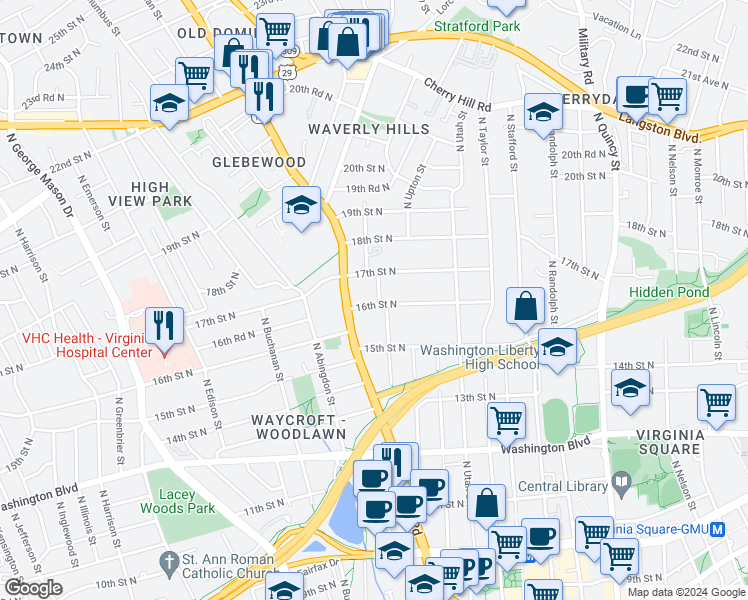 map of restaurants, bars, coffee shops, grocery stores, and more near 4603 16th Street North in Arlington