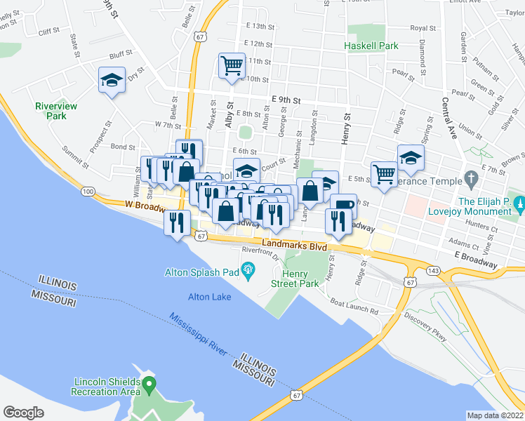 map of restaurants, bars, coffee shops, grocery stores, and more near 315 East 3rd Street in Alton