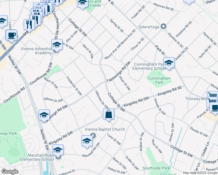 map of restaurants, bars, coffee shops, grocery stores, and more near 905 Cottage Street Southwest in Vienna