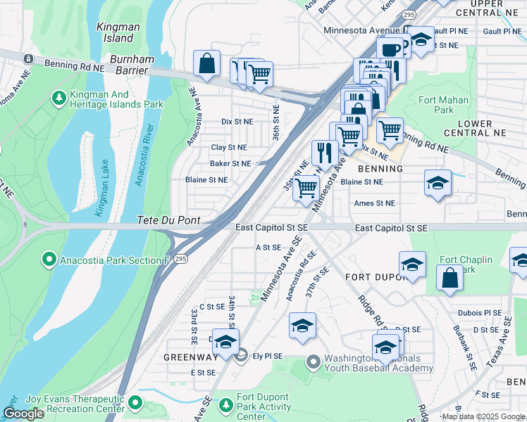 map of restaurants, bars, coffee shops, grocery stores, and more near 26 35th Street Northeast in Washington