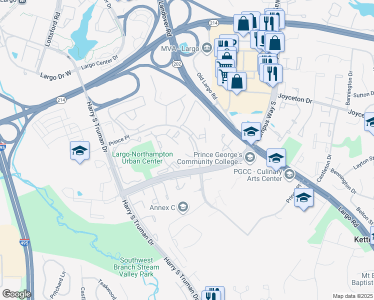 map of restaurants, bars, coffee shops, grocery stores, and more near 10241 Prince Place in Largo
